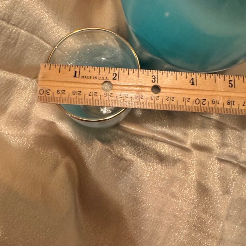 Vintage Blendo Glass Pitcher & 2 glasses - Frosted Turquoise w/ Gold Trim - Picture 14 of 15